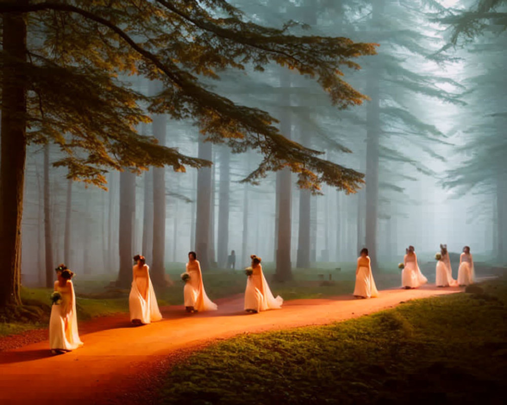 People in White Dresses Walking on Misty Tree-Lined Path