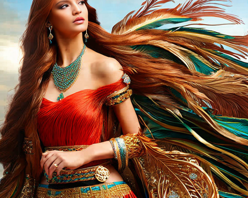 Auburn-Haired Woman in Feathered Gown and Jewelry on Sky-Blue Background