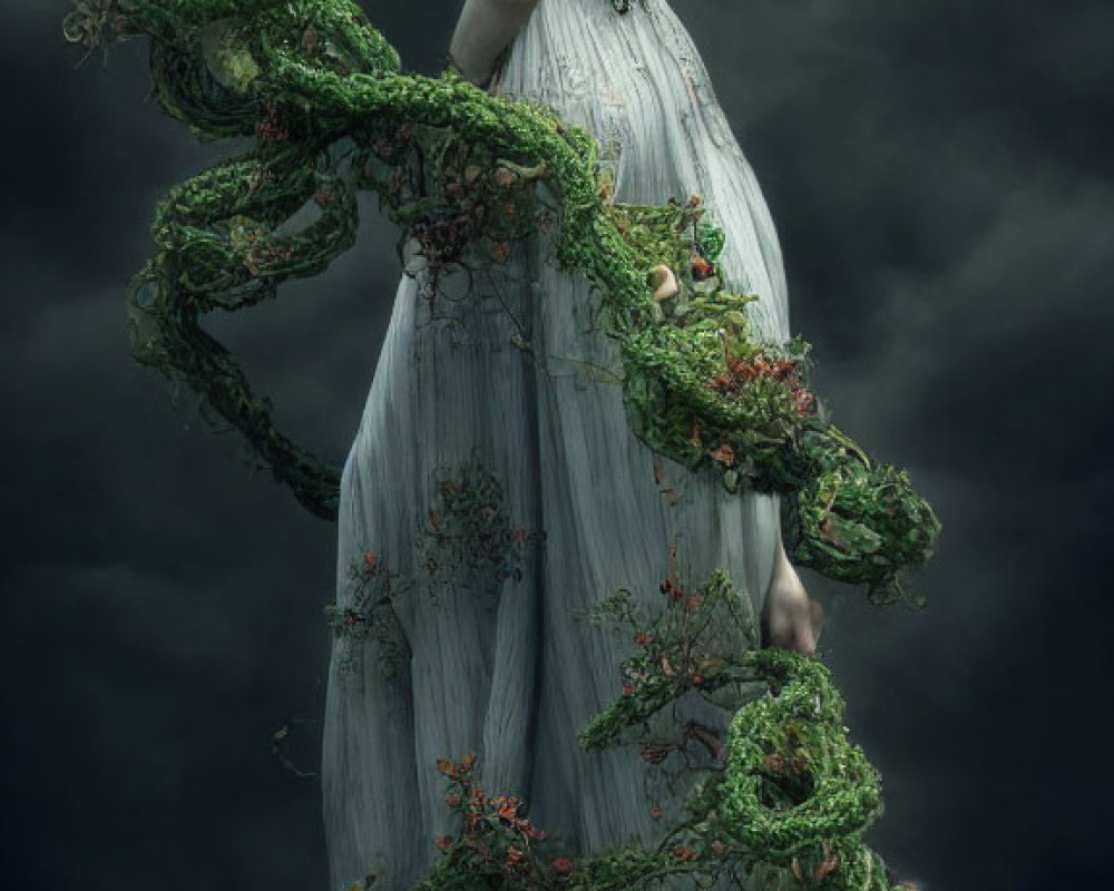 Woman with green vine dress against moody background
