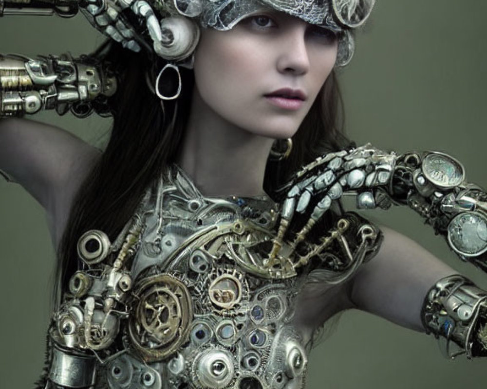 Steampunk-themed woman with mechanical parts and cogs for clothing.