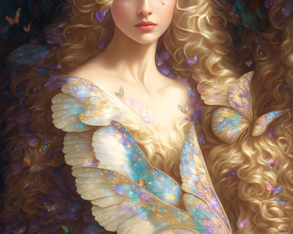 Detailed Illustration: Woman with Butterfly Wings and Ethereal Glow