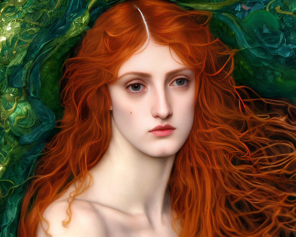 Woman with Red Hair and Blue Eyes in Greenery Portrait