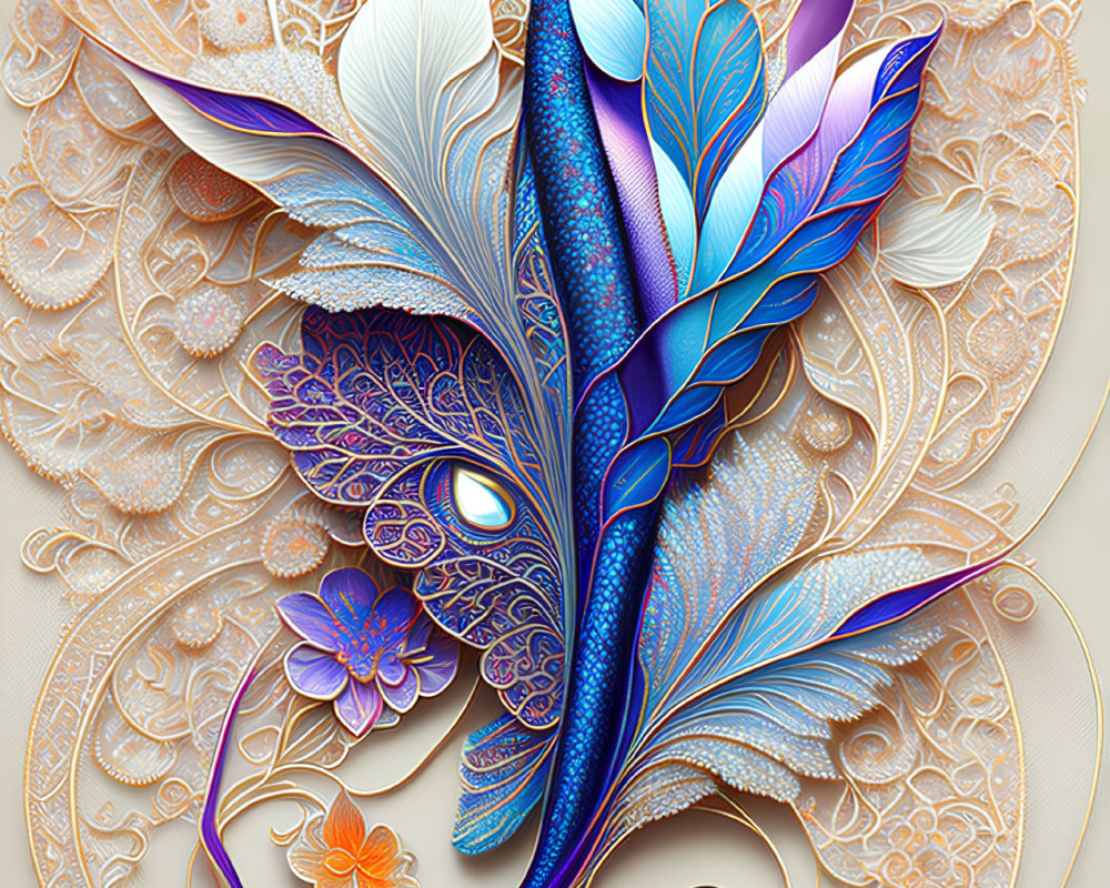 Stylized peacock artwork with blue, gold, and white palette