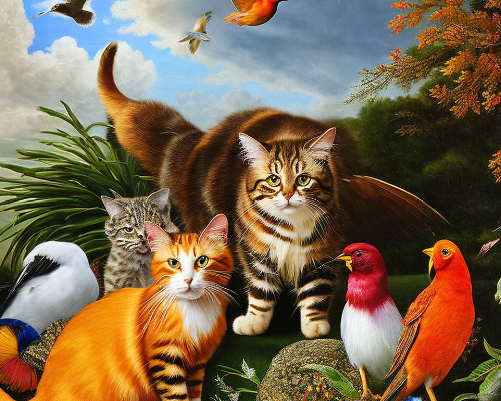Colorful Birds and Cats in Lush Greenery Scene