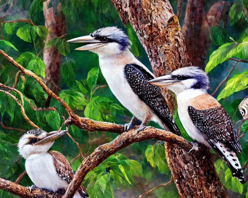 Three kookaburras perched on tree branch with detailed feathers and bright eyes