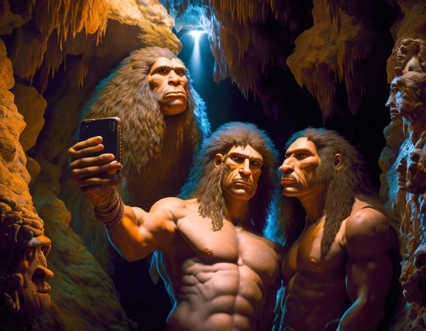 Realistic Neanderthals posing with modern smartphone in cave setting