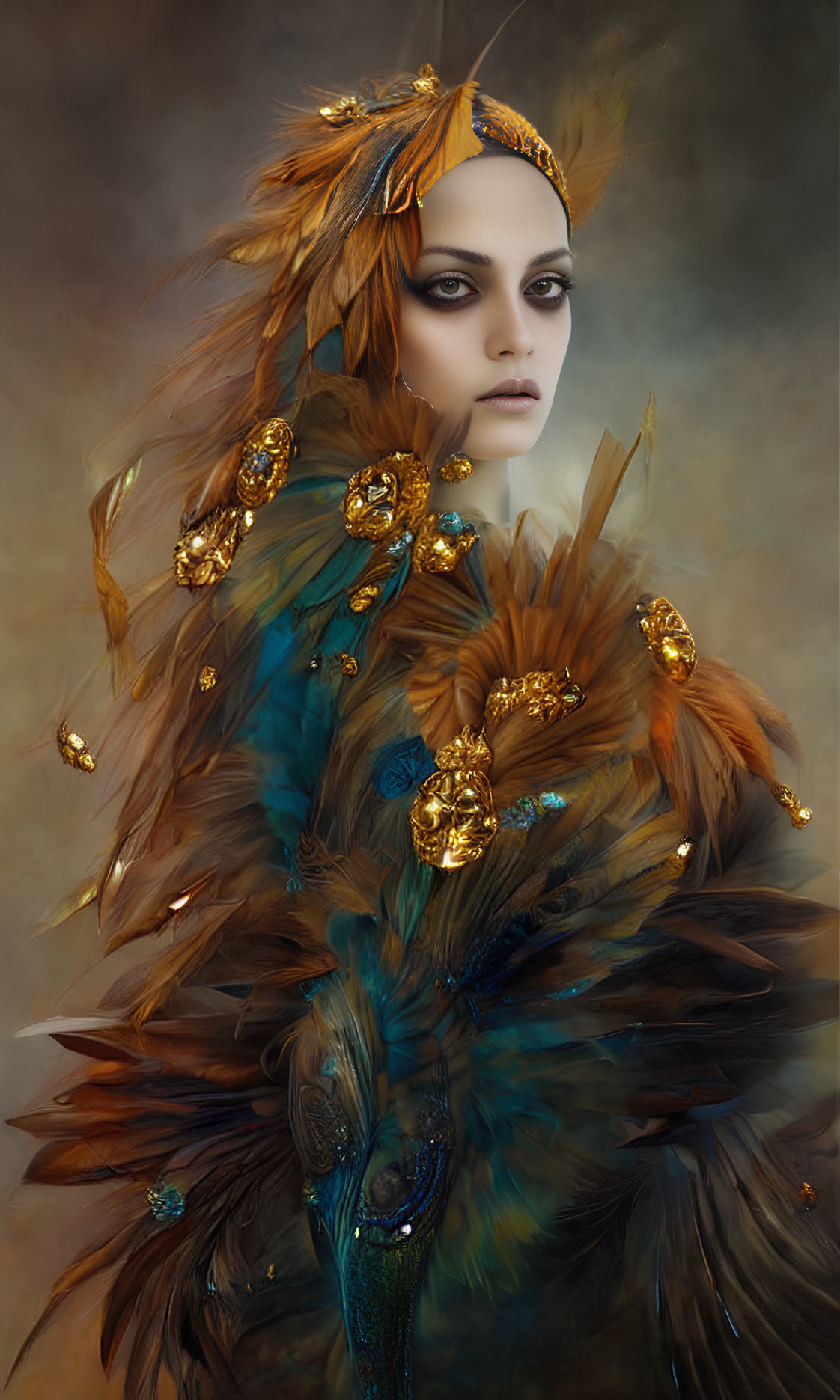 Woman with golden jewelry and peacock feather in ethereal setting