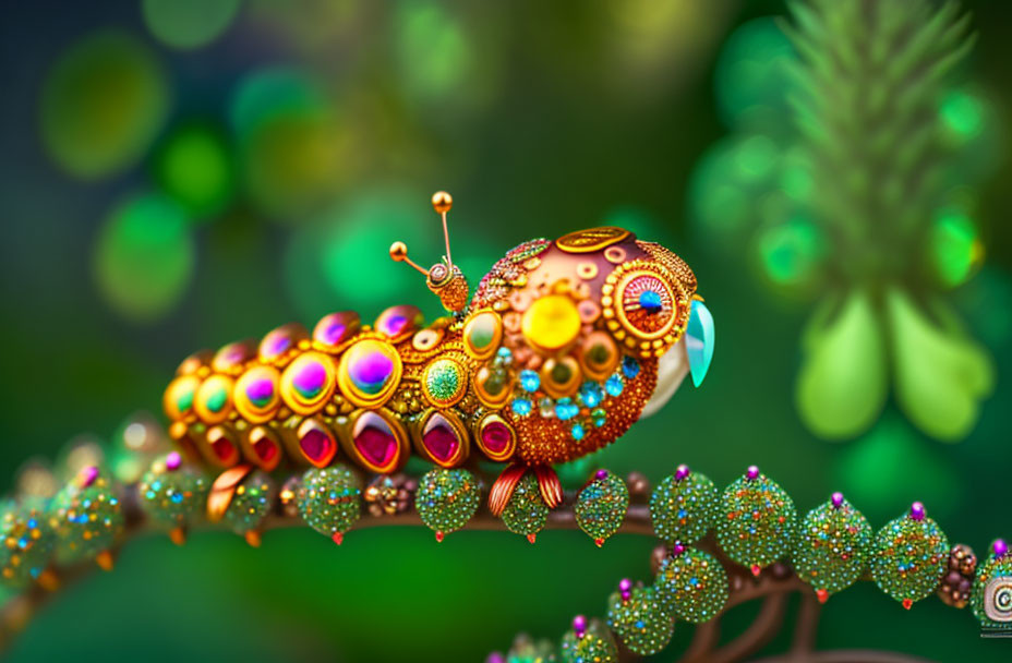 Vibrant digital artwork of a bird with jewel-like patterns on a branch