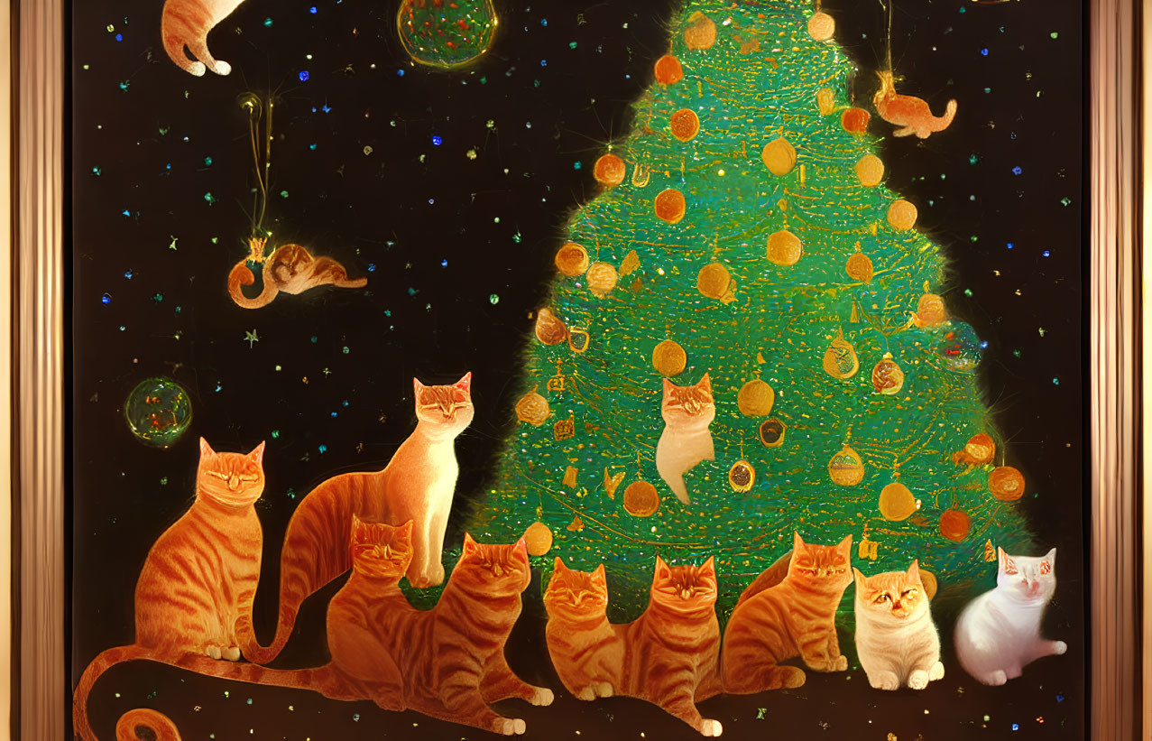 Surreal Painting: Multiple Orange Cats Around Glowing Christmas Tree