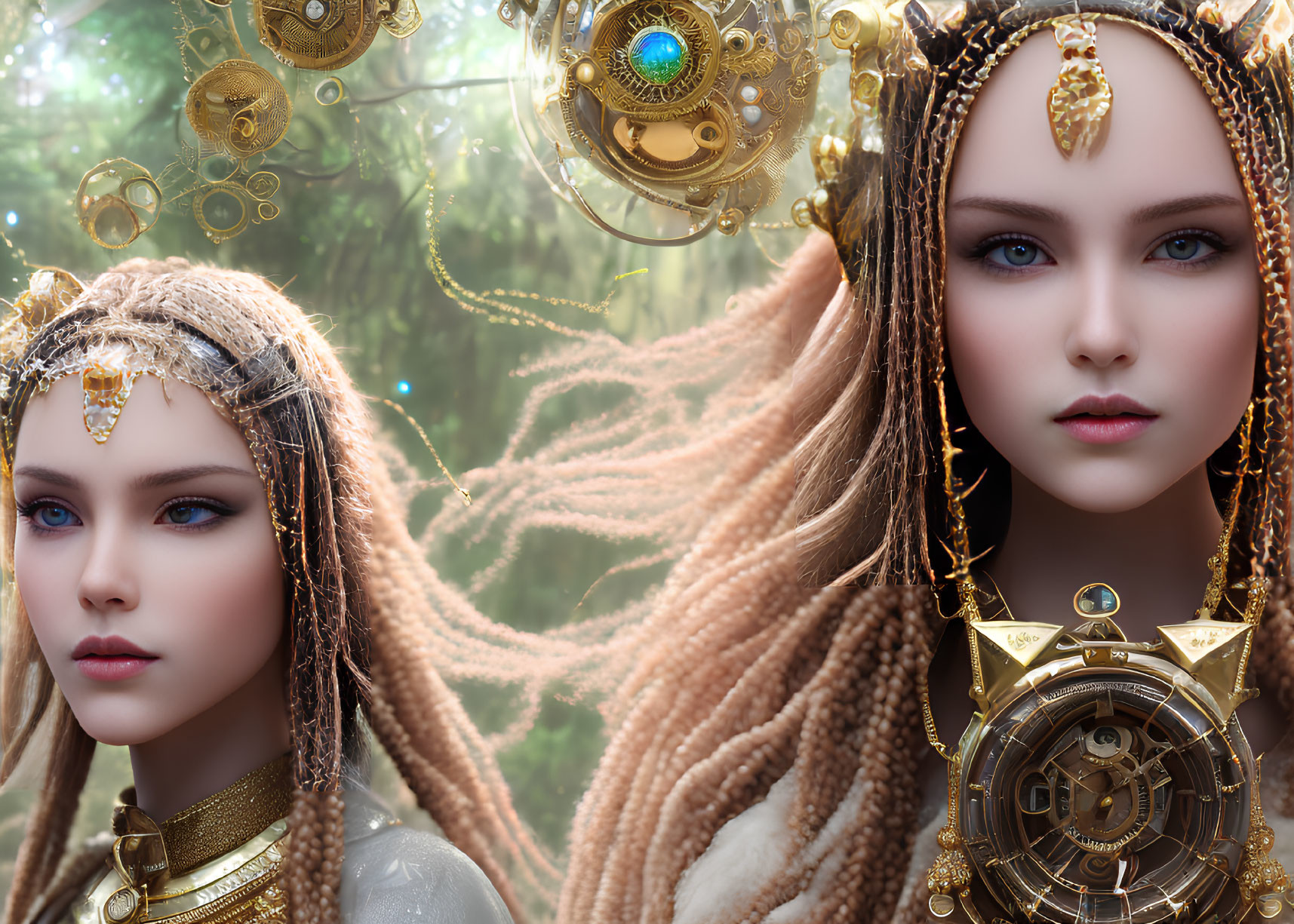 Digital Artwork: Two Female Figures with Golden Headpieces in Mystical Forest
