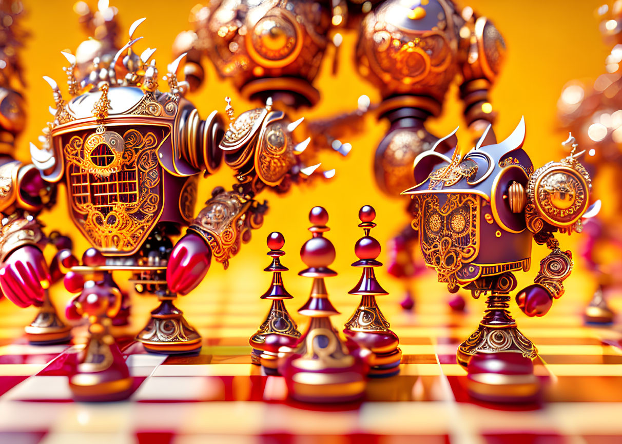 Detailed 3D render of steampunk-inspired chess set