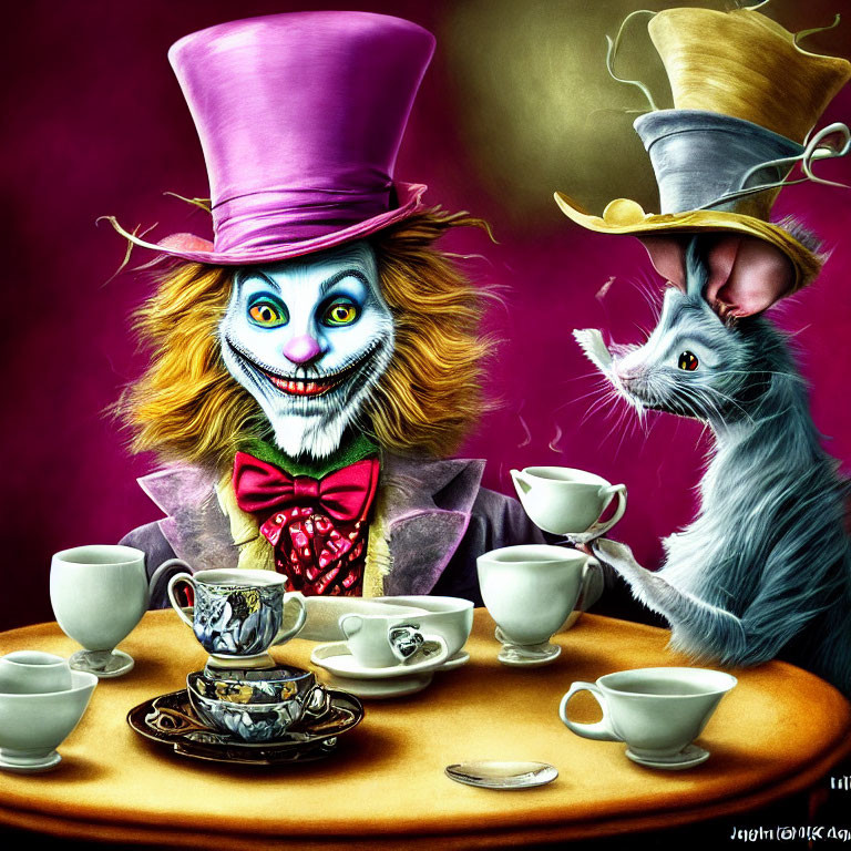 Whimsical Cheshire Cat in Pink Top Hat & Mad Hatter Outfit Tea Party