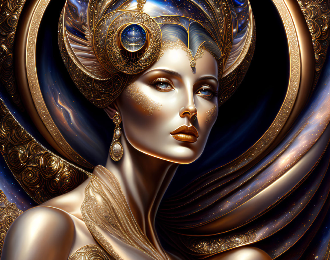 Mystical woman digital artwork with ornate headdress & cosmic background
