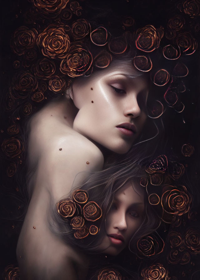 Surreal portrait of woman with swirling roses and mirrored face