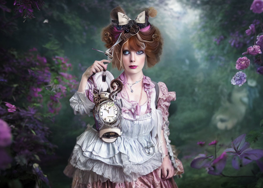 Woman in whimsical attire with bow holding vintage clock in dreamy forest with purple flowers.