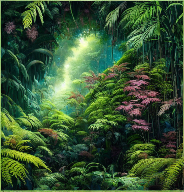 Lush Tropical Forest with Green and Pink Ferns
