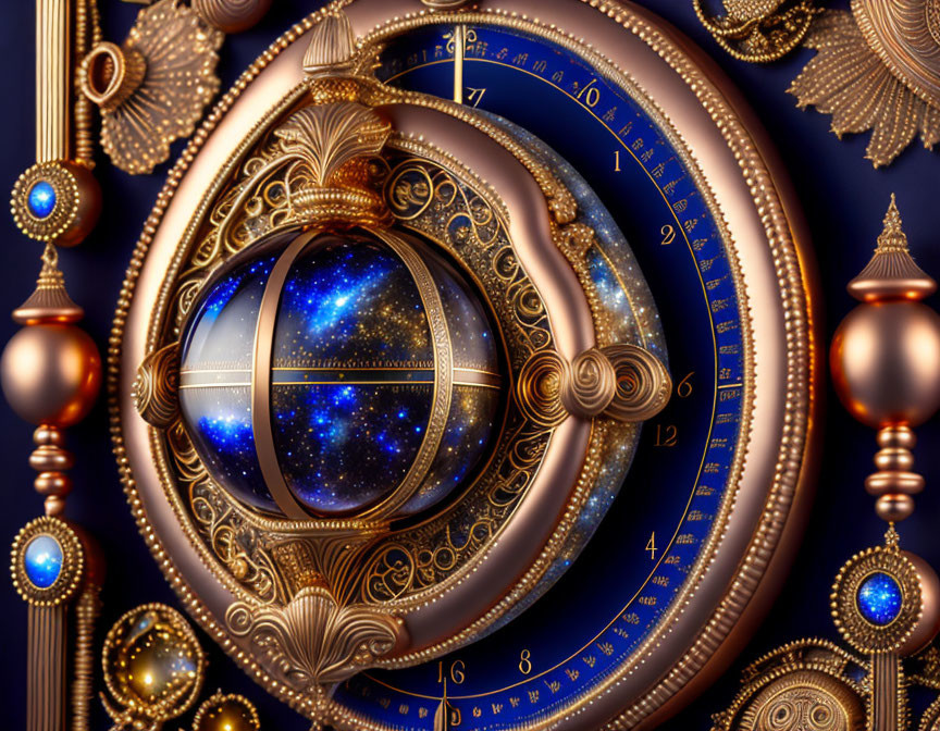 Steampunk-inspired clock with celestial motifs and golden gears