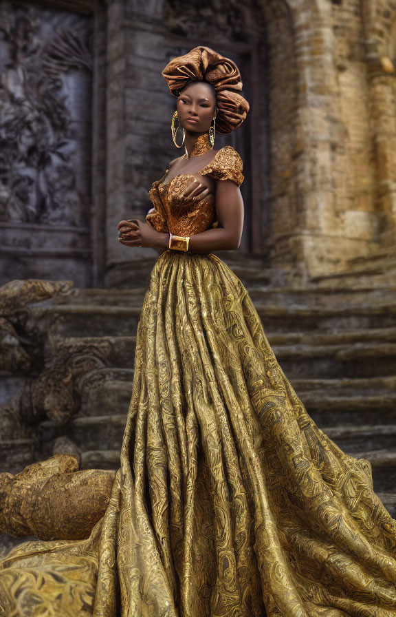 Woman in Golden Attire Stands by Ancient Temple