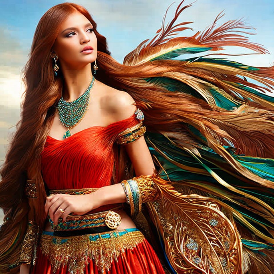 Auburn-Haired Woman in Feathered Gown and Jewelry on Sky-Blue Background
