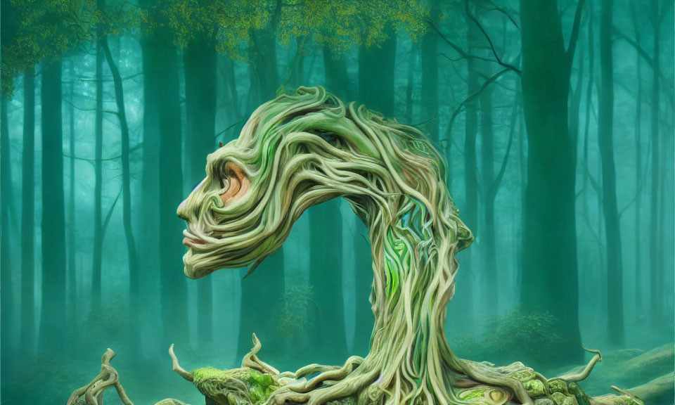 Surreal artwork of tree trunk transforming into human profile in green forest
