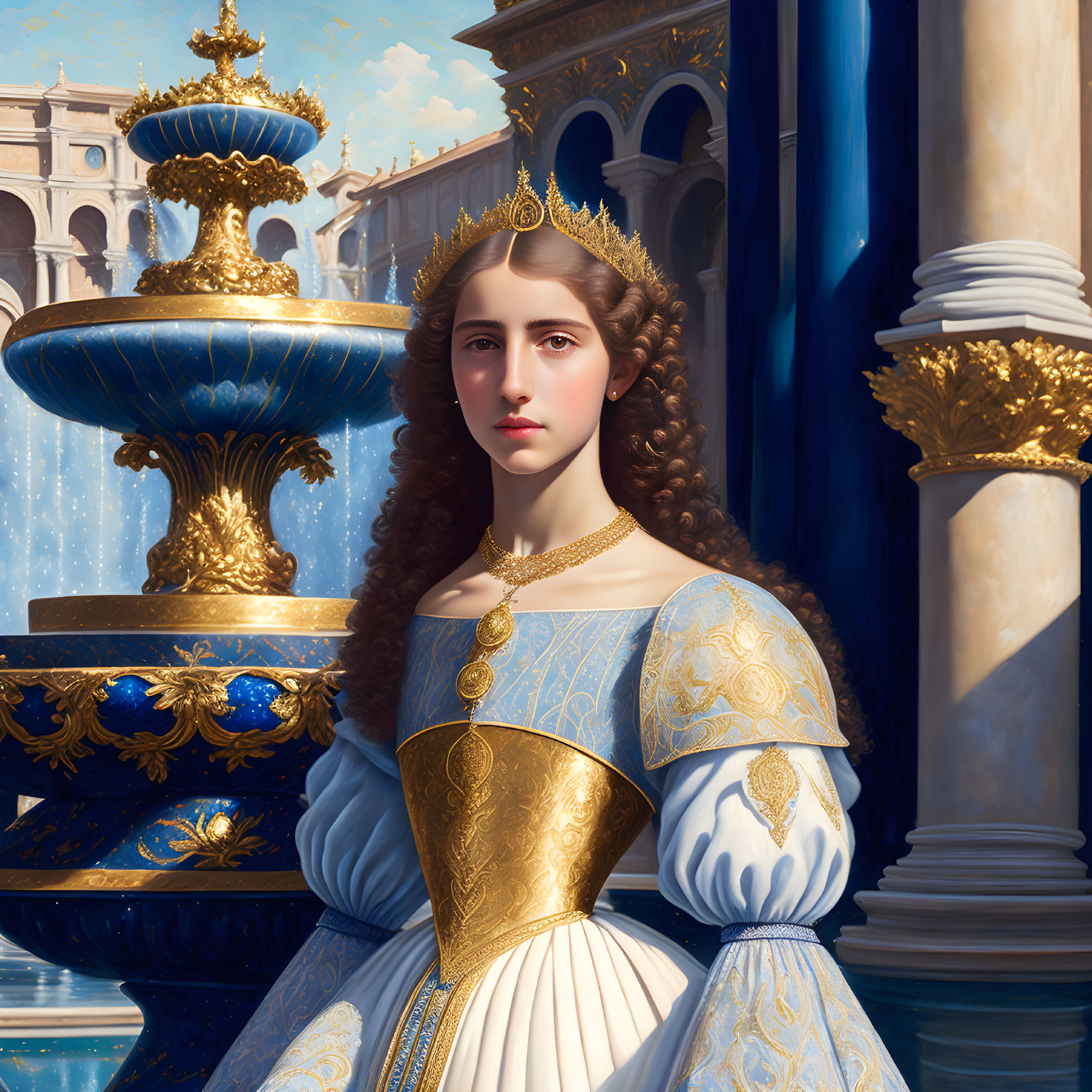 Regal woman in Renaissance gown with golden crown and jewelry by fountain