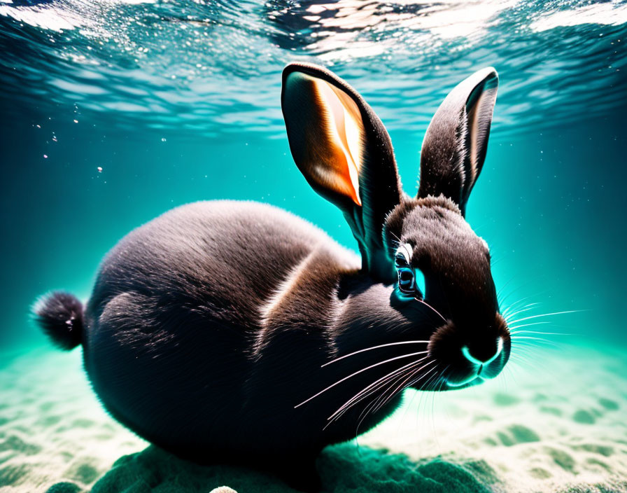 Black Rabbit Swimming Underwater in Vivid Turquoise Setting