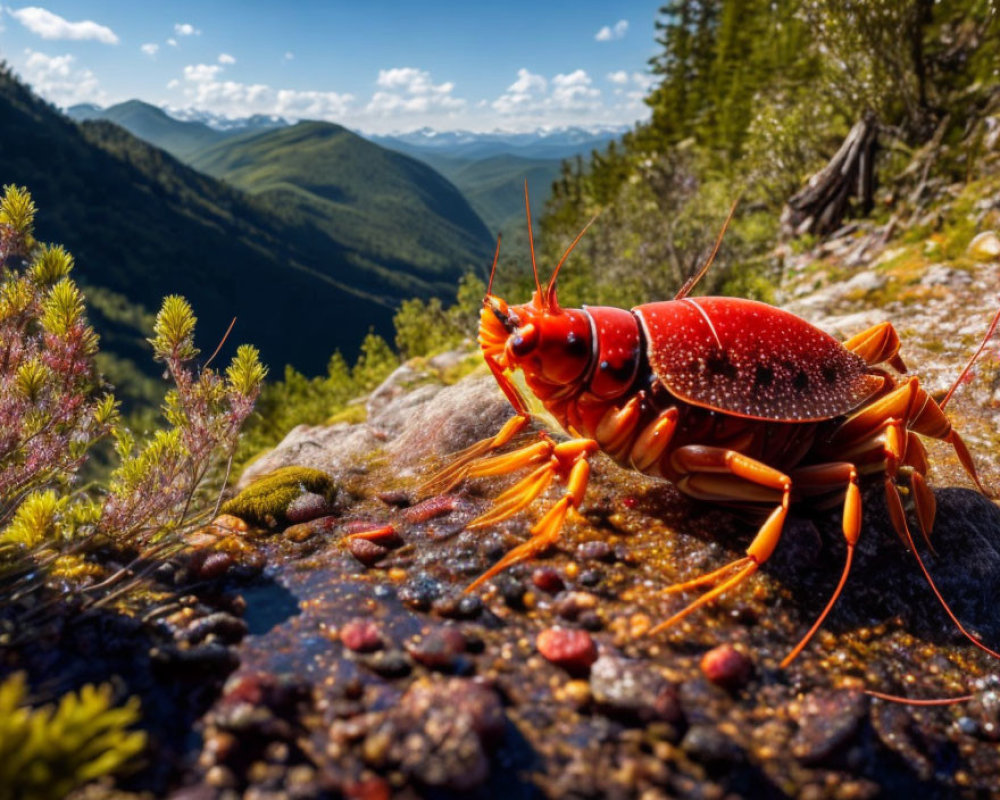 Red Grasshopper on Rocky Surface with Green Mountains and Blue Sky