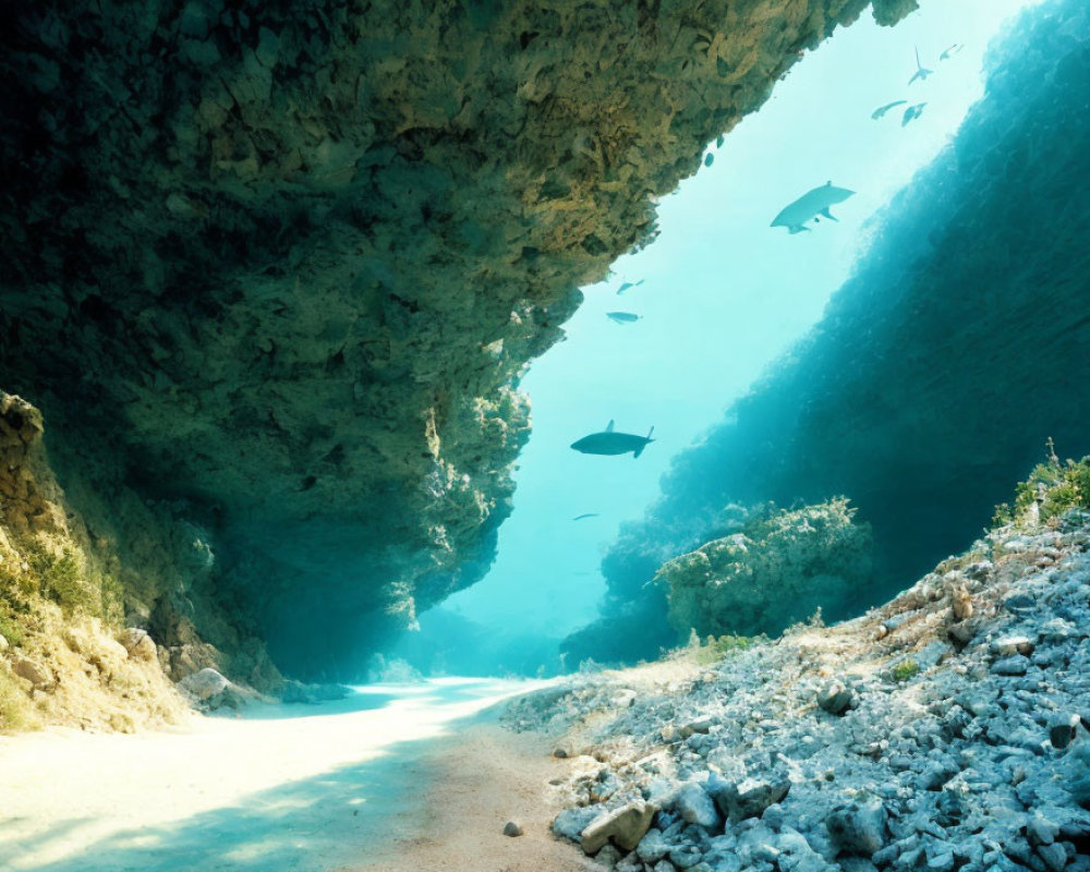 Sunlit underwater cave with fish swimming above rocky sea floor