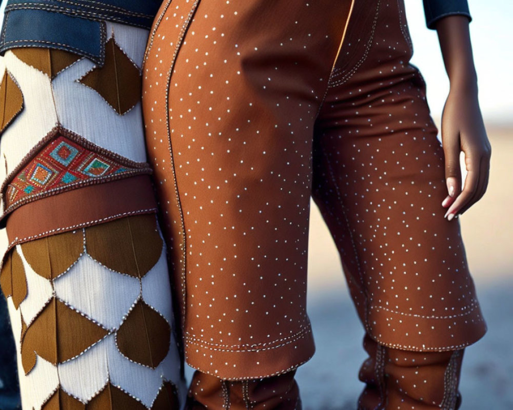 Two people in patterned geometric and studded brown pants standing together