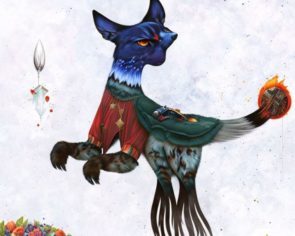 Fox-headed creature in ornate attire on whimsical backdrop