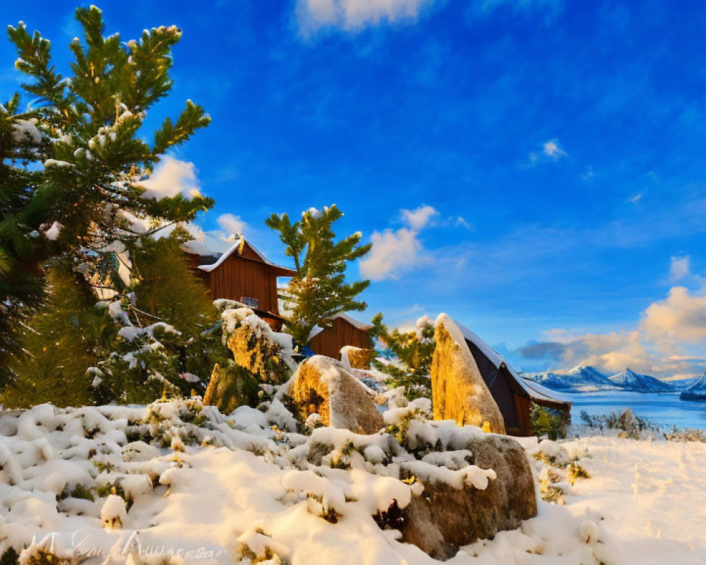 Snowy landscape with pine trees, cabins, lake, mountains, and blue sky with clouds