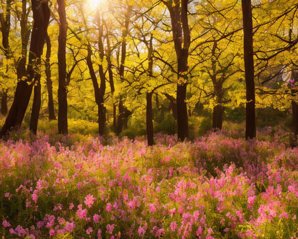 Vibrant forest with golden treetops and pink wildflowers