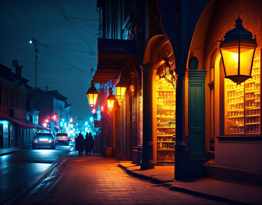 City Night Street Scene with Glowing Lamps, Bookstore Window, Silhouettes, and Car