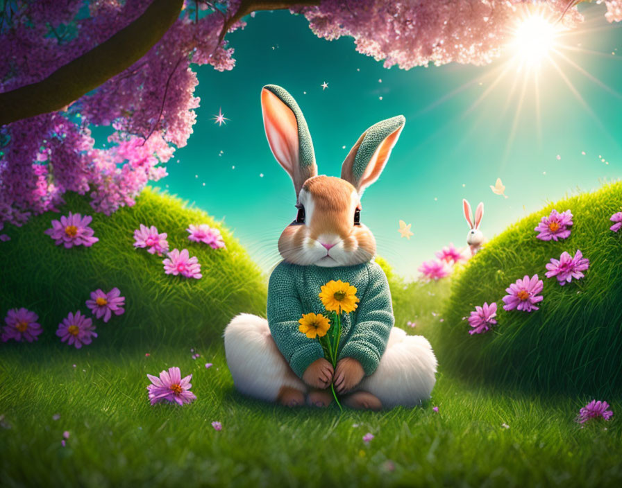 Anthropomorphic rabbit in sweater with flower in vibrant, flower-filled landscape.