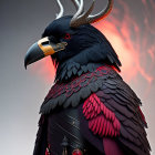 Fantastical creature with raven body and deer antlers on reddish background