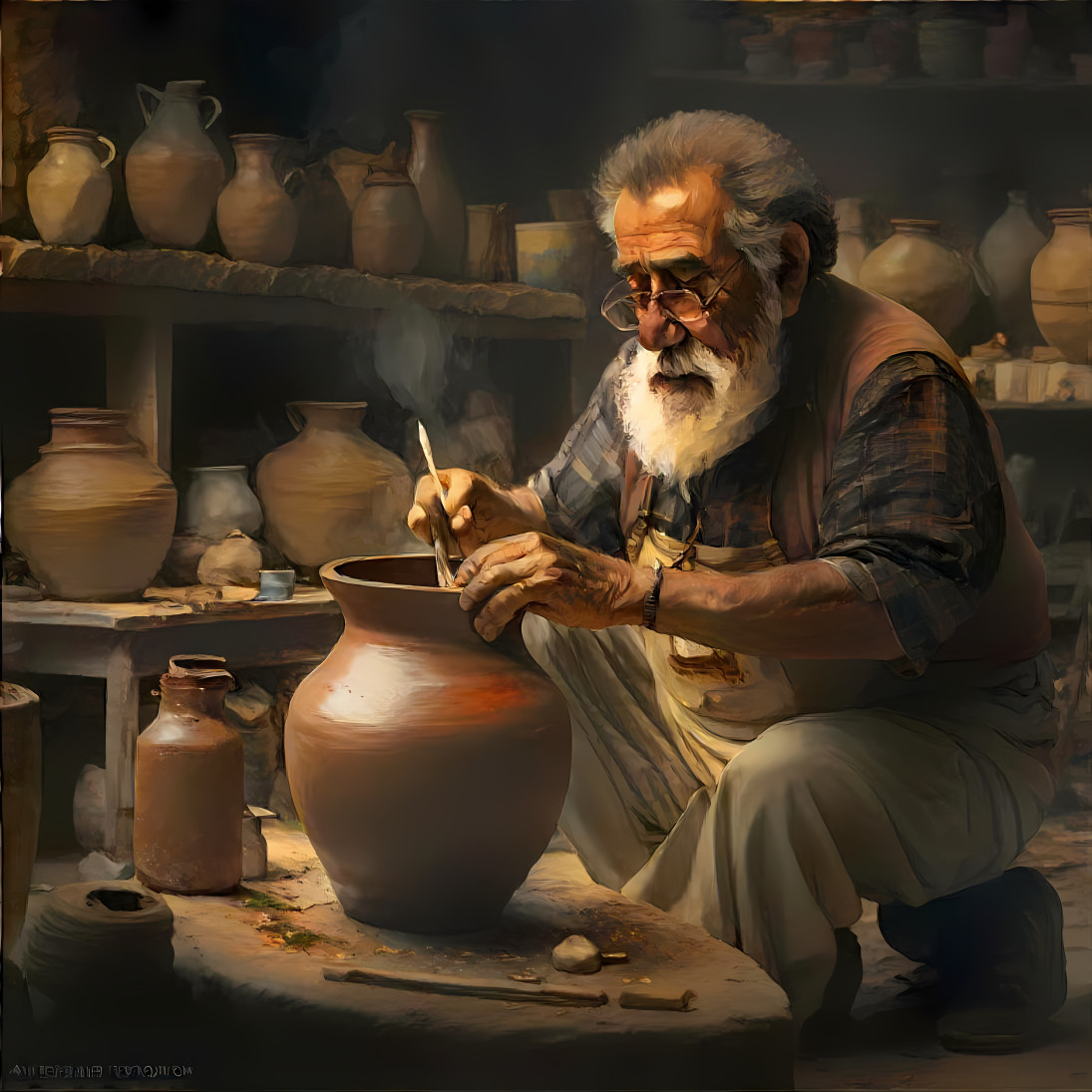Greek potterymaker, in the style of Goya