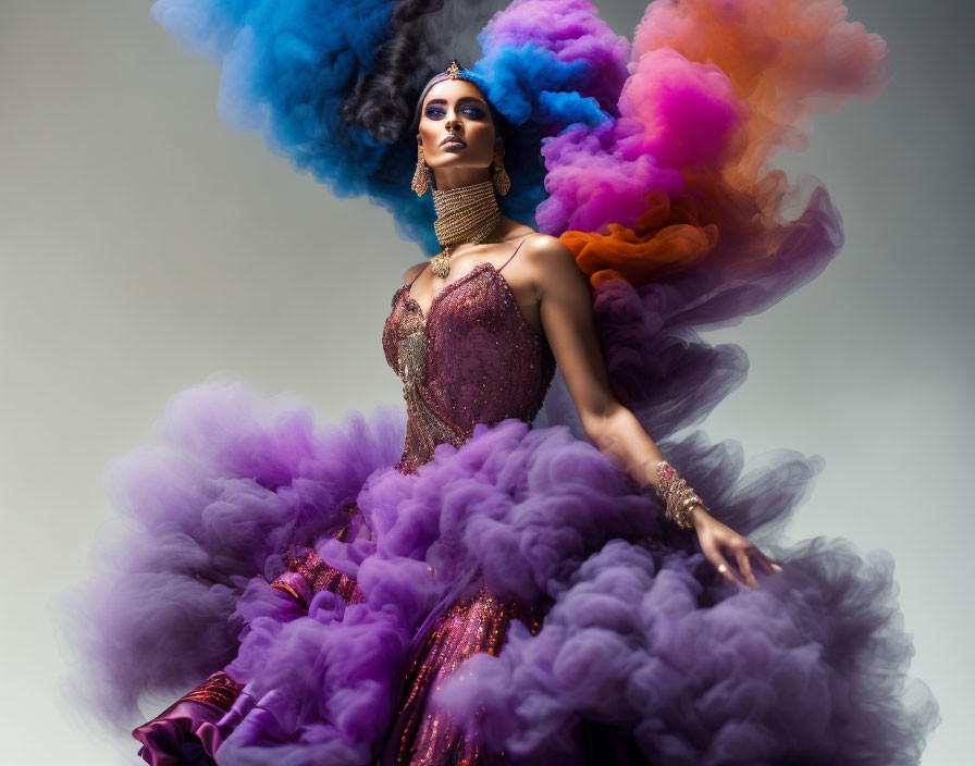 Woman in ornate purple dress with swirling blue and pink smoke.
