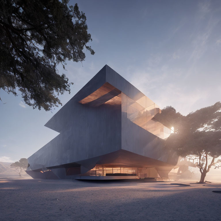Geometric Building with Cantilevered Design and Trees in Soft-lit Sky