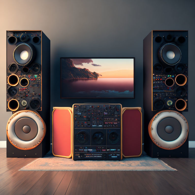 Large Speakers and Flat Screen Displaying Sunset in Warmly Lit Room