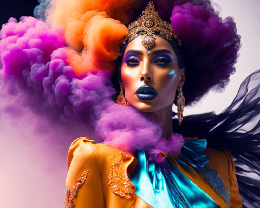 Colorful Smoke Surrounds Person in Dramatic Makeup and Regal Headpiece