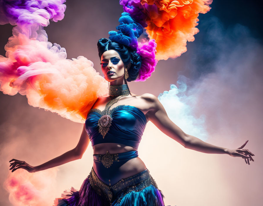 Woman in vibrant blue attire with dramatic makeup surrounded by vivid orange and purple smoke