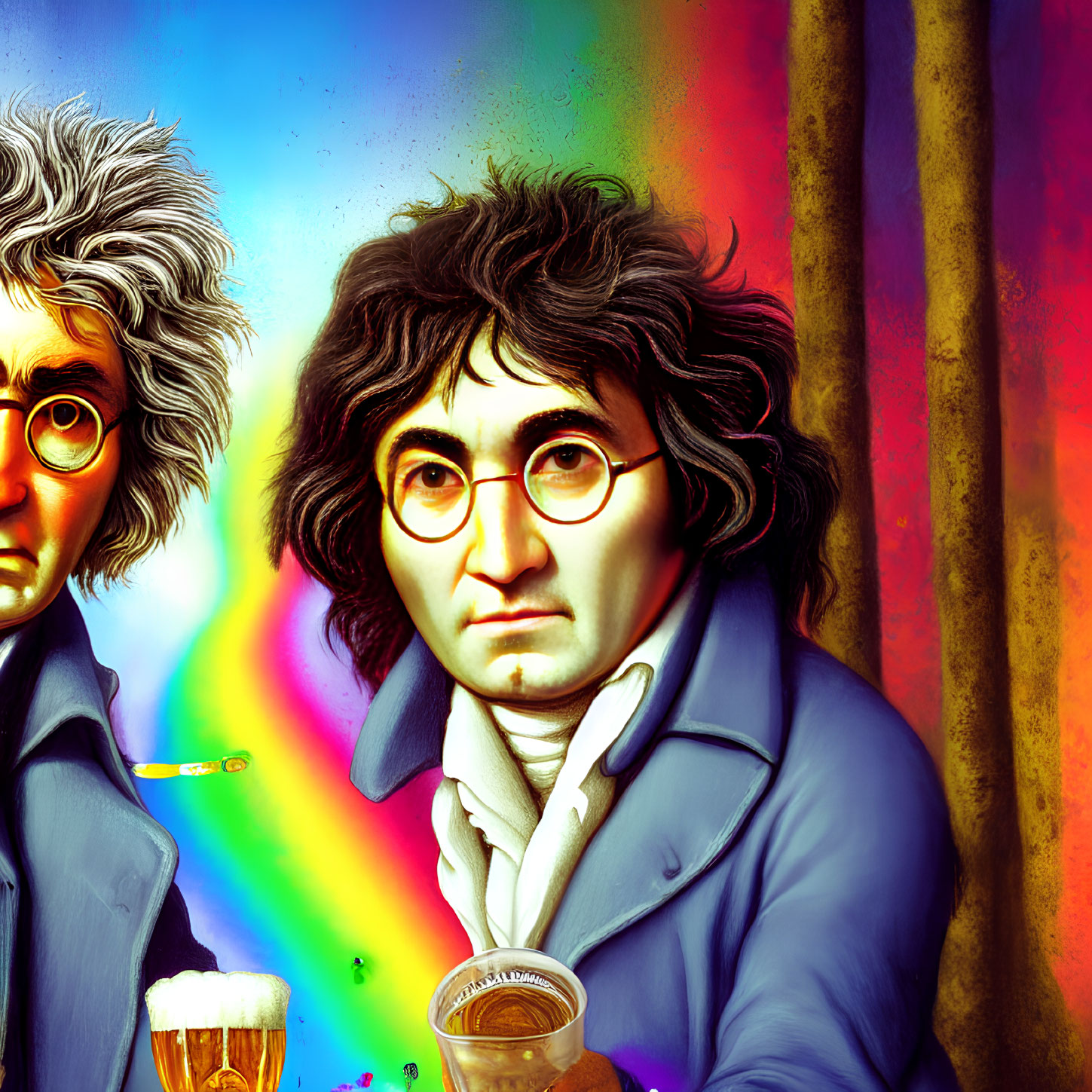 Colorful illustration of two men with exaggerated facial features against a vibrant background
