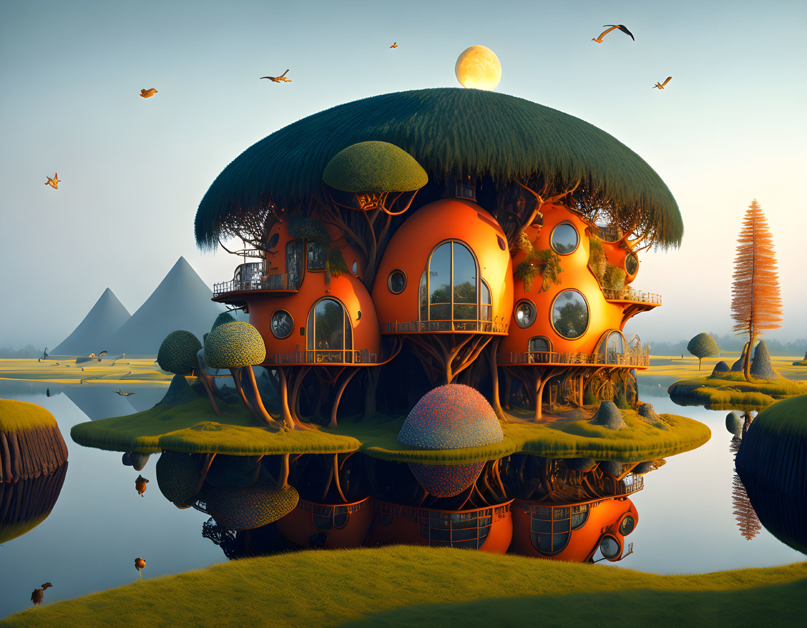 Whimsical Mushroom-Shaped House Surrounded by Water and Pyramids