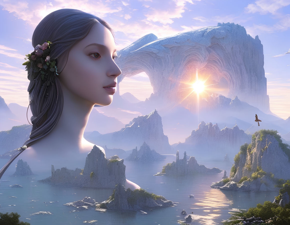 Fantasy landscape with colossal woman's head, floral hairpiece, mountains, waterbody, and glowing