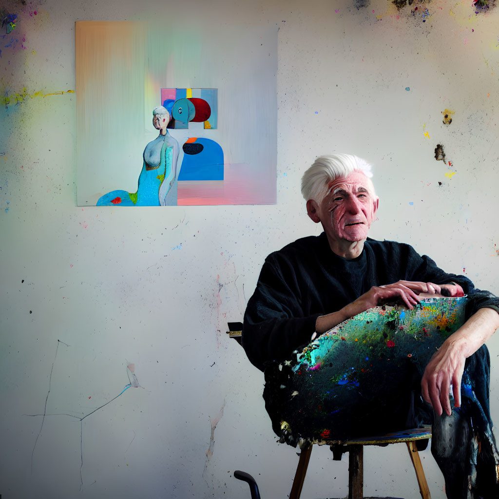 Elderly artist in paint-stained studio with abstract art & palette