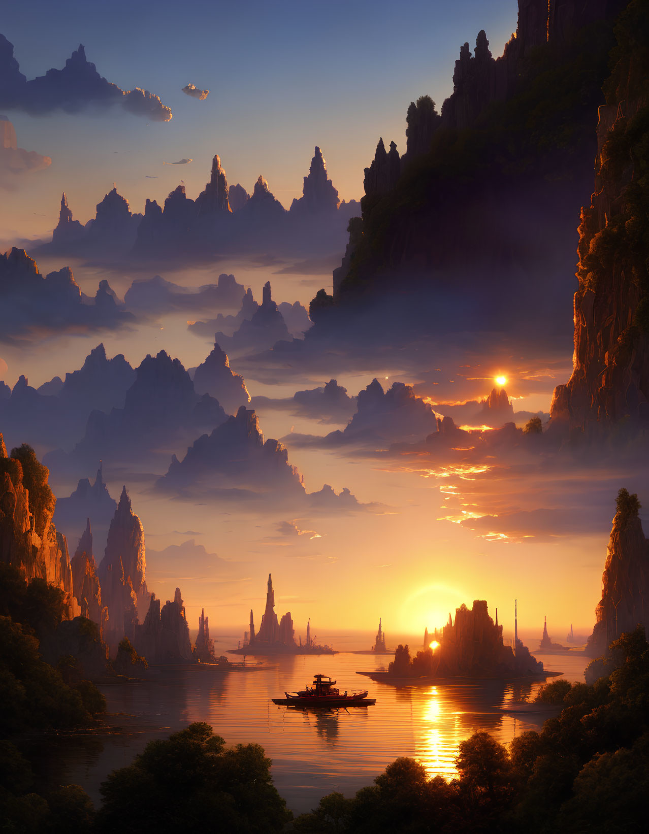Tranquil sunset over serene river with cliffs and boat