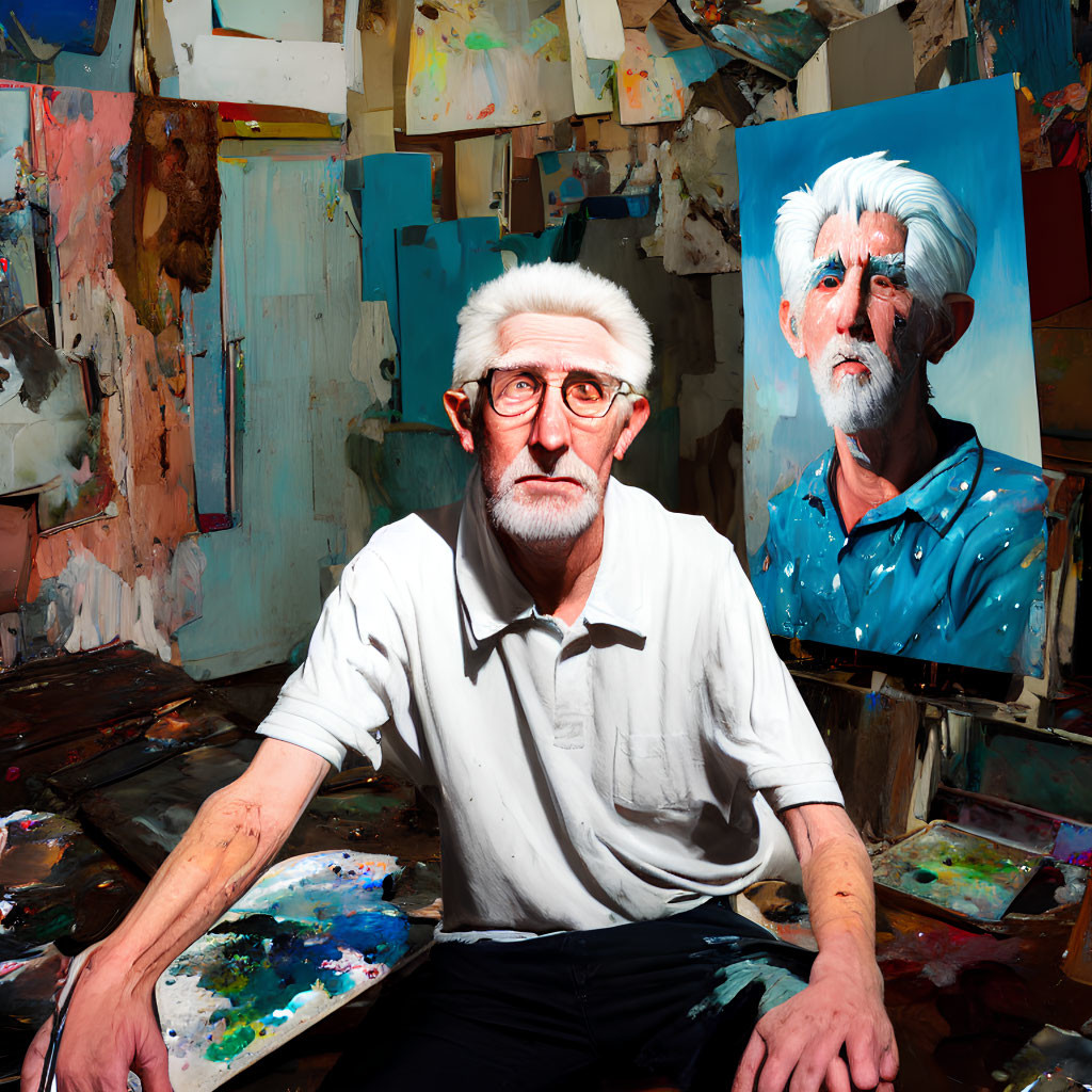 Elder artist in studio with colorful paintings and palette