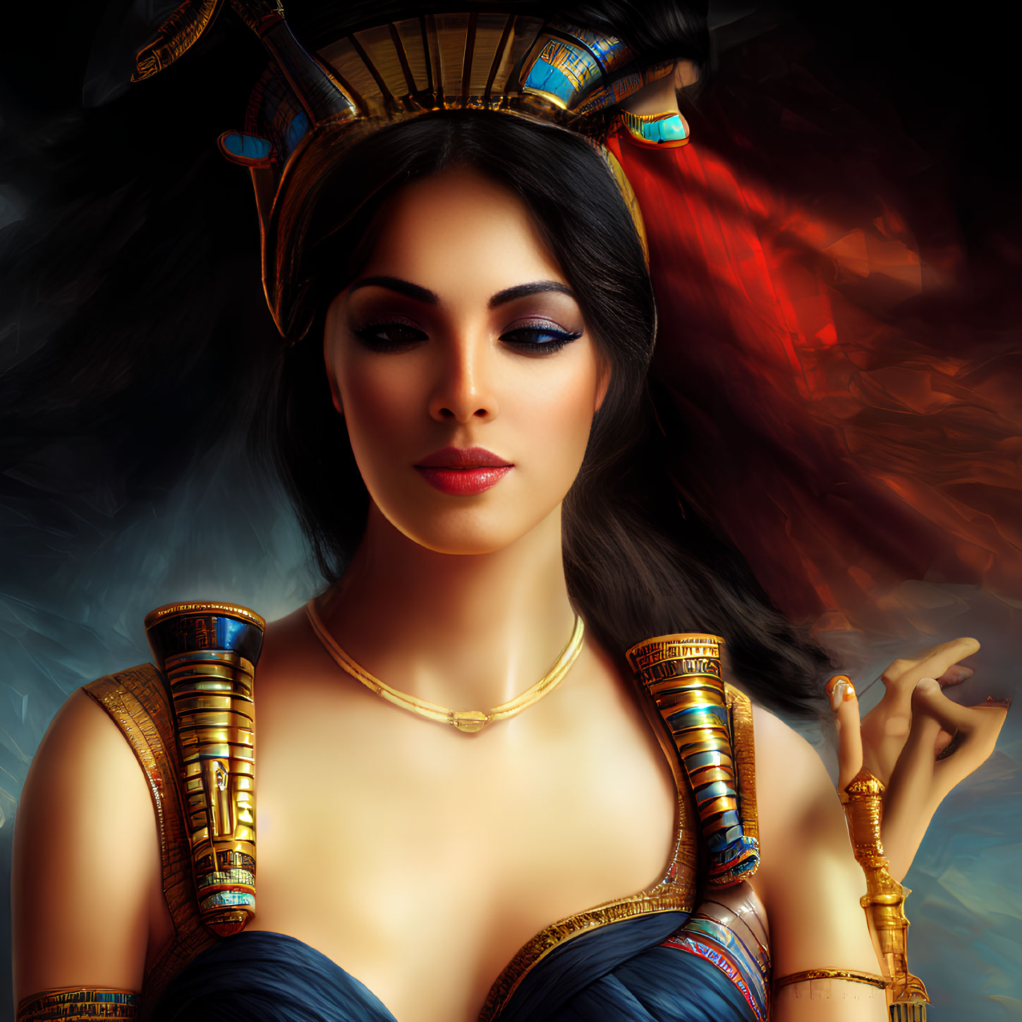 Ancient Egyptian Pharaoh-Inspired Woman Artwork with Gold Jewelry