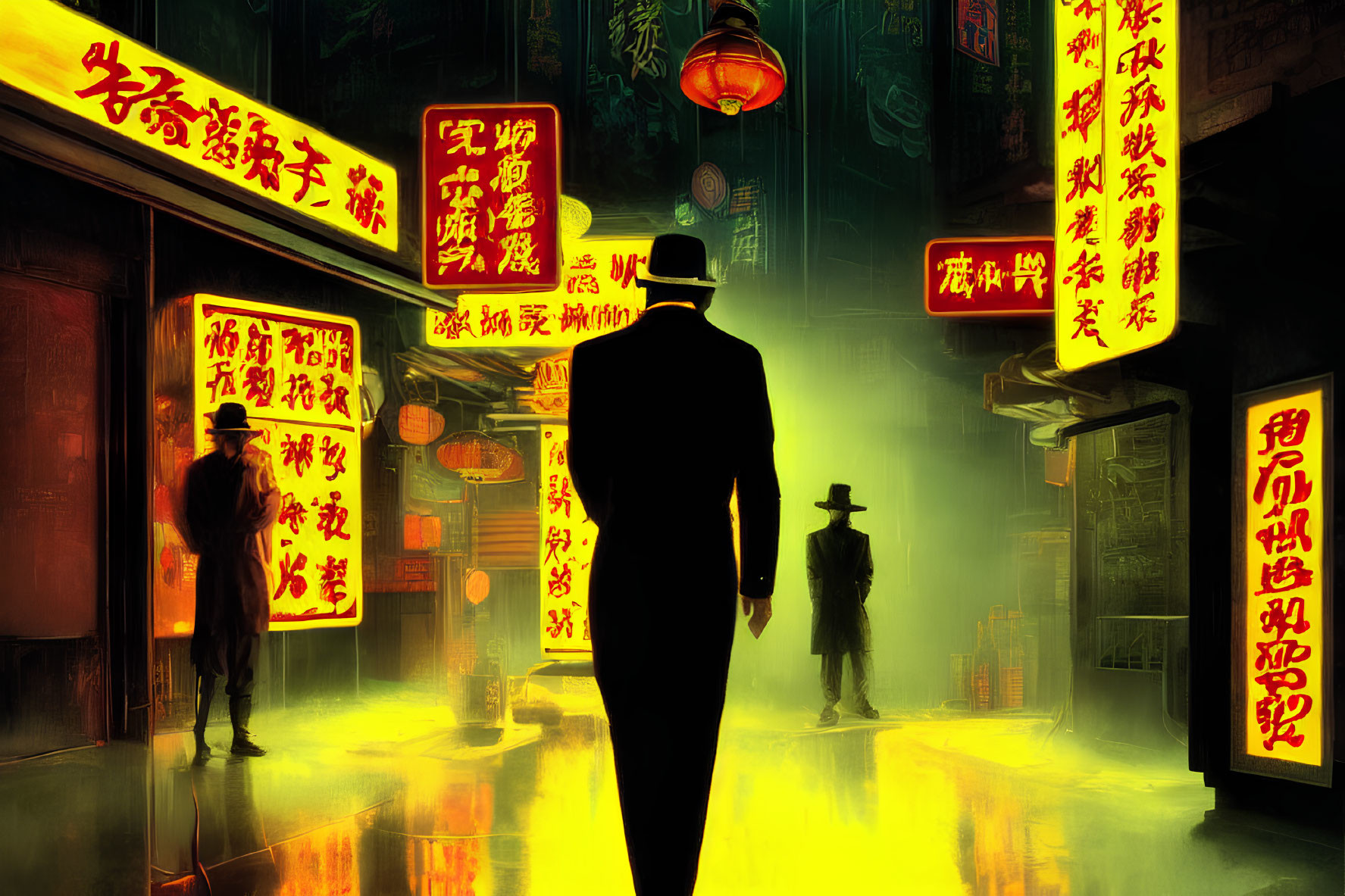 Neon-lit rain-soaked alley with silhouetted figures and Chinese signboards