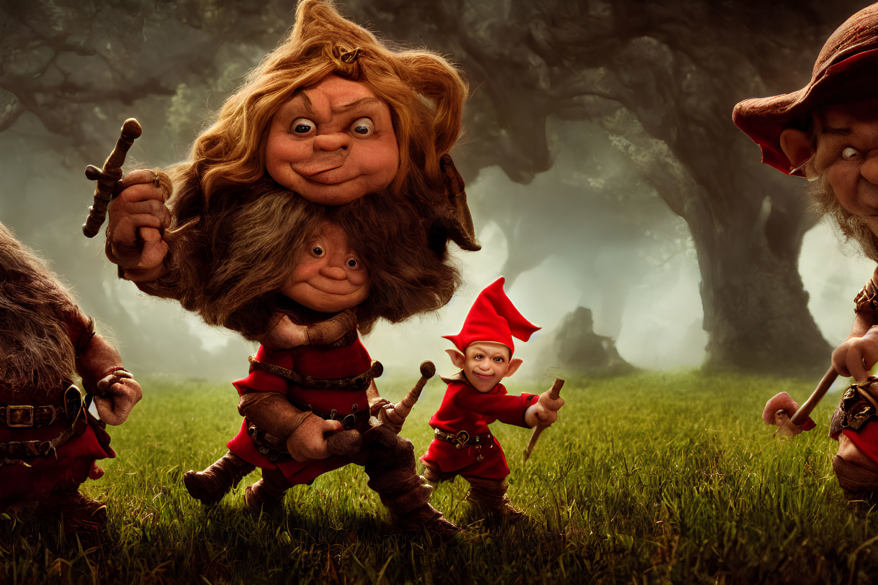 Fantasy Gnome-like Creatures in Vibrant Forest Scene